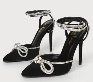 NWOT Lulus Lullie Black Rhinestone Bow Ankle Wrap Stiletto Heels Pumps Glam, 8